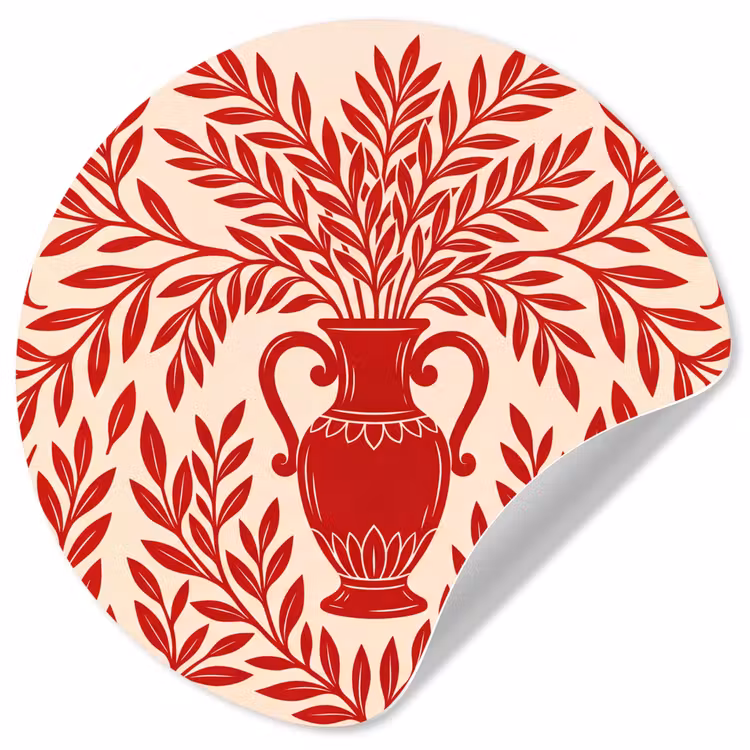 Vaas - Planten - Decoratie - Abstract - Rood Wandcirkel behangsticker klein -3d