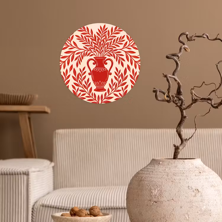 Vaas - Planten - Decoratie - Abstract - Rood Wandcirkel behangsticker klein -sfeer1