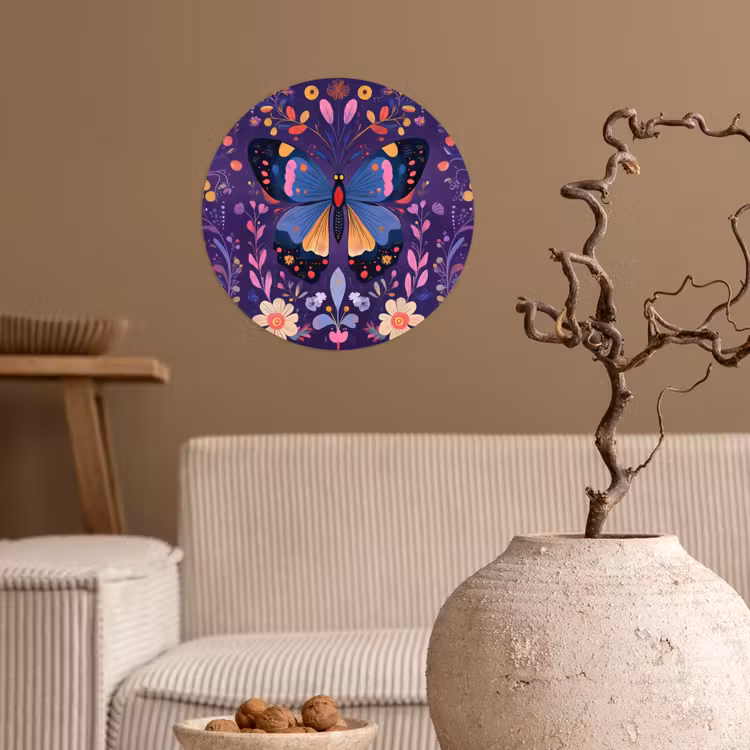 Sierlijk - Bloemen - Vlinder - Paars Wandcirkel behangsticker klein -sfeer1