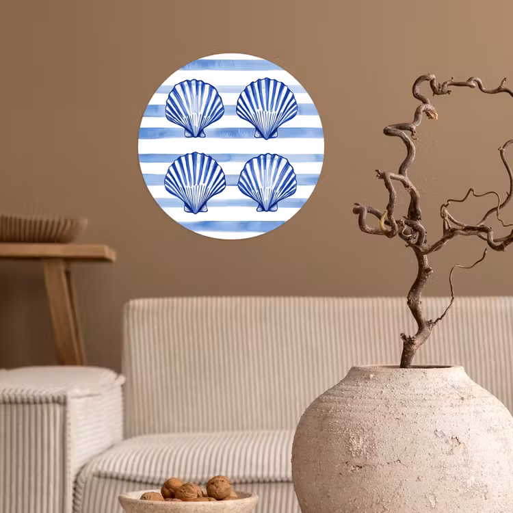 Vier schelpen - Blauw - Wit - Strepen Wandcirkel behangsticker klein -sfeer1