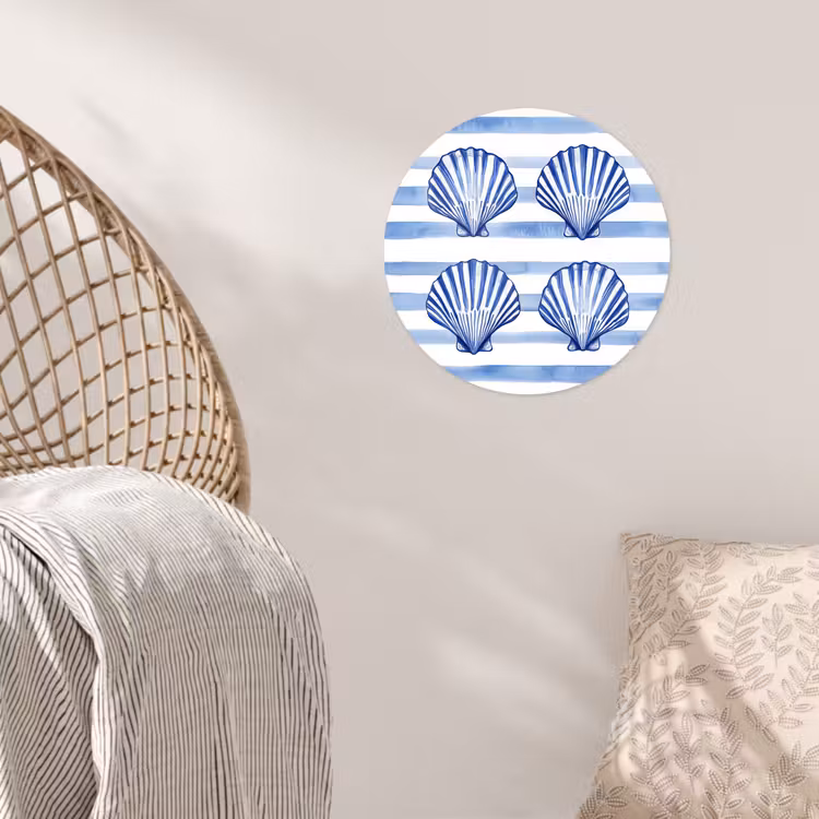 Vier schelpen - Blauw - Wit - Strepen Wandcirkel behangsticker klein -sfeer4
