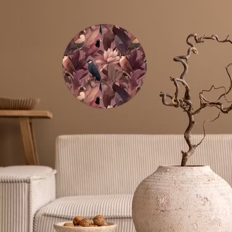 Vogels - Bladeren - Roze Wandcirkel behangsticker klein 186 -sfeer1