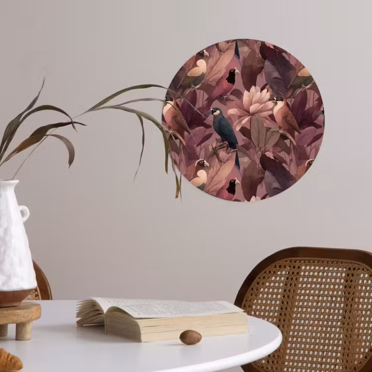 Vogels - Bladeren - Roze Wandcirkel behangsticker klein 186 -sfeer3