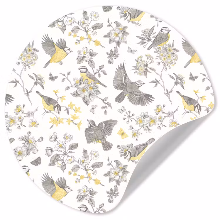 Birds - Flowers - Gray - Yellow Wandcirkel behangsticker klein 186 -3d