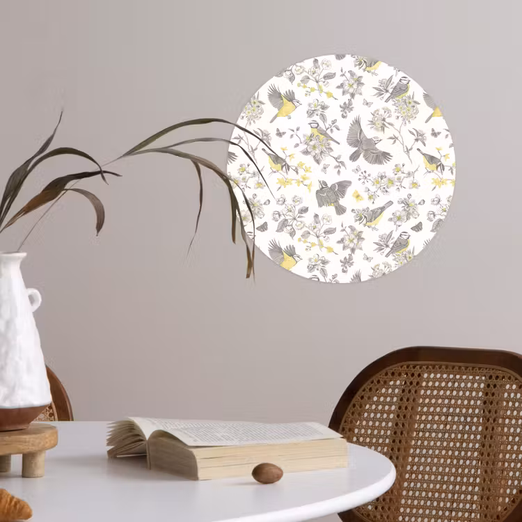 Birds - Flowers - Gray - Yellow Wandcirkel behangsticker klein 186 -sfeer3