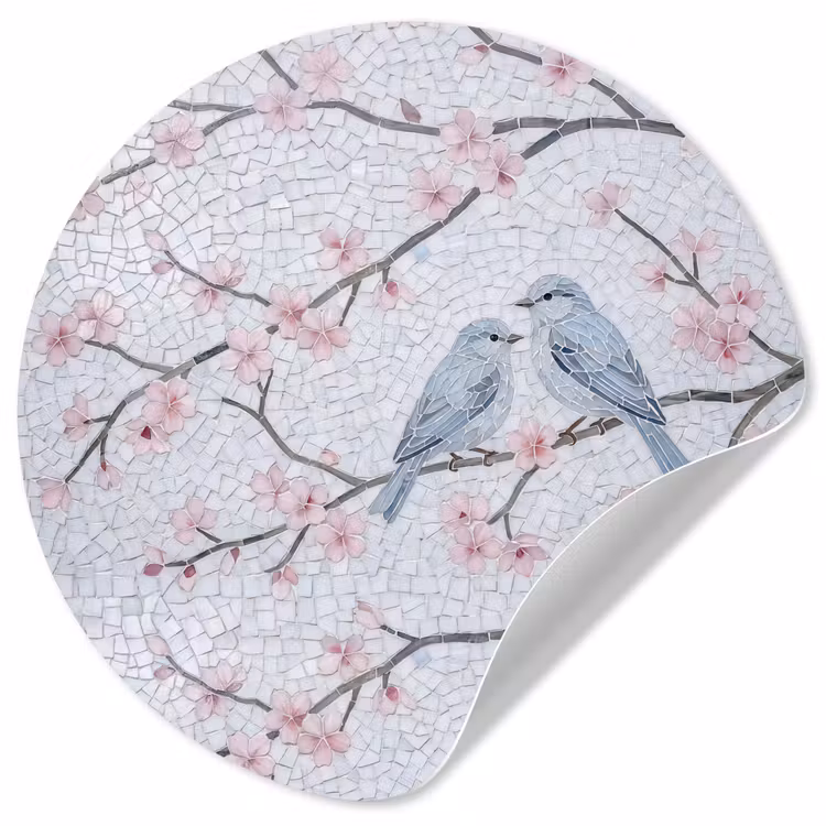 Vogel - Bloemen - Natuur - Mozaïek - Roze Wandcirkel behangsticker klein -3d