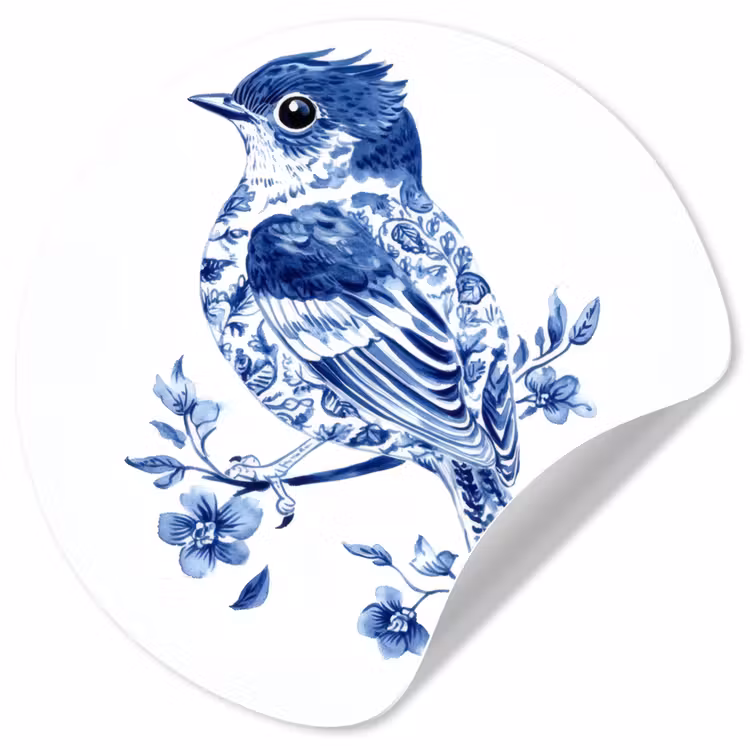 Vogel - Delfts blauw - Illustratie - Bloemen Wandcirkel behangsticker klein -3d