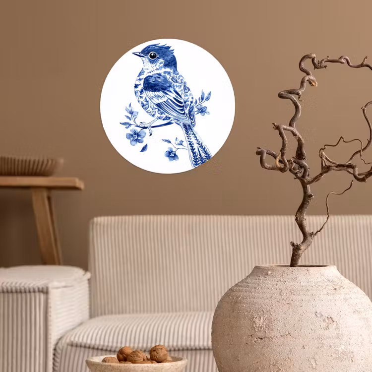Vogel - Delfts blauw - Illustratie - Bloemen Wandcirkel behangsticker klein -sfeer1
