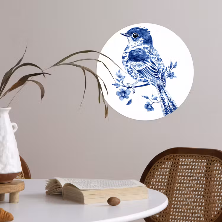 Vogel - Delfts blauw - Illustratie - Bloemen Wandcirkel behangsticker klein -sfeer3