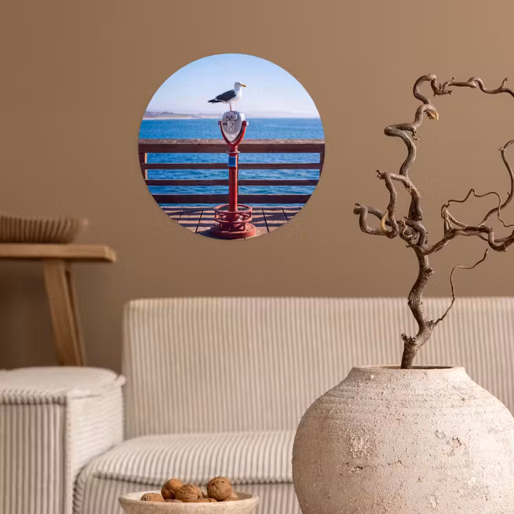 Vogel - Verrekijker - Kust - Zee - Blauw Wandcirkel behangsticker klein -sfeer1