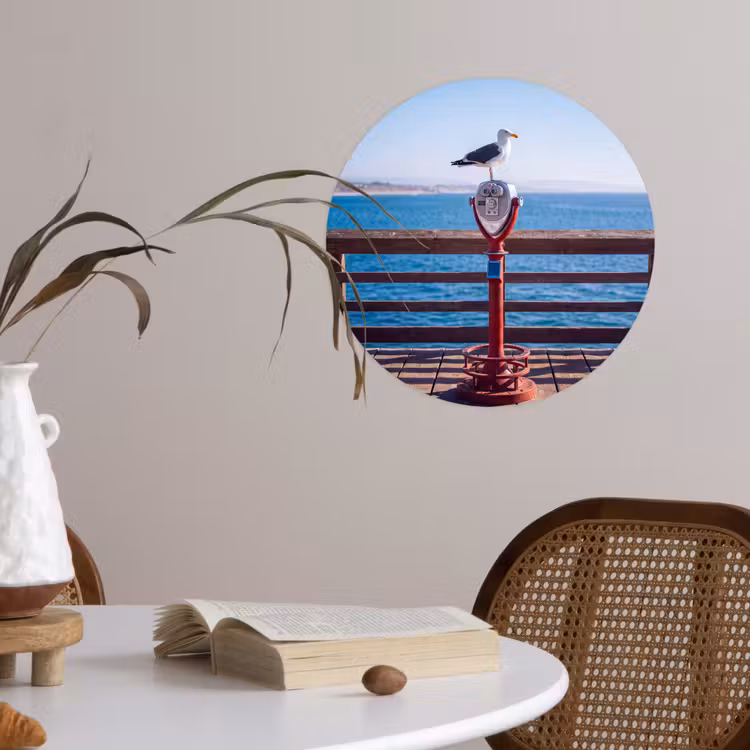 Vogel - Verrekijker - Kust - Zee - Blauw Wandcirkel behangsticker klein -sfeer3