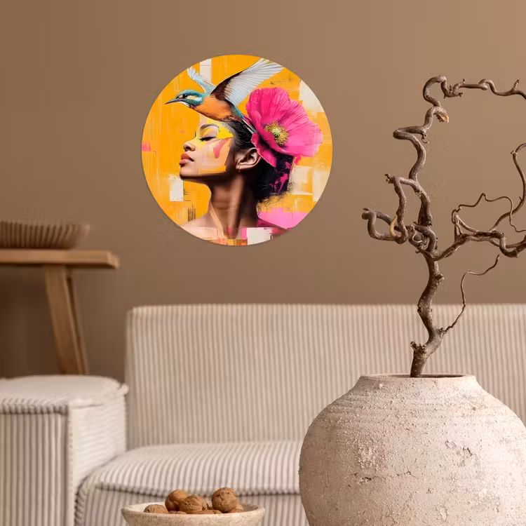 Vogel - Vrouw - Abstract - Bloem Wandcirkel behangsticker klein -sfeer1
