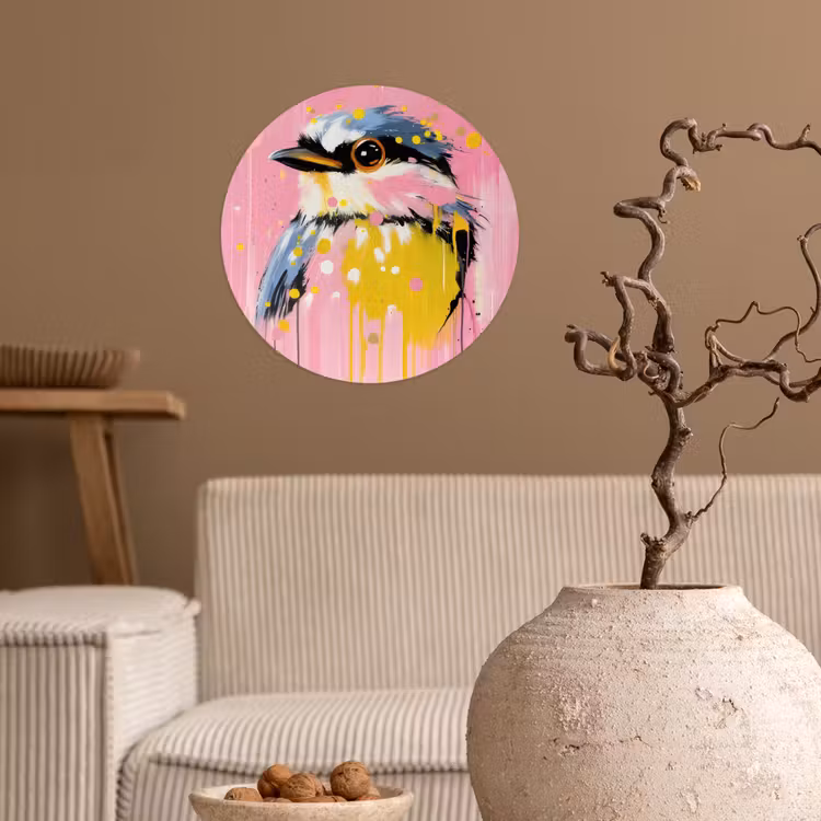 Vogel - Roze - Geel - Blauw Wandcirkel behangsticker klein -sfeer1