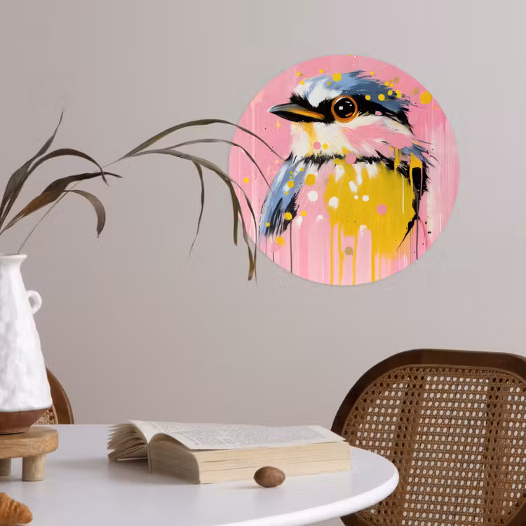 Vogel - Roze - Geel - Blauw Wandcirkel behangsticker klein -sfeer3