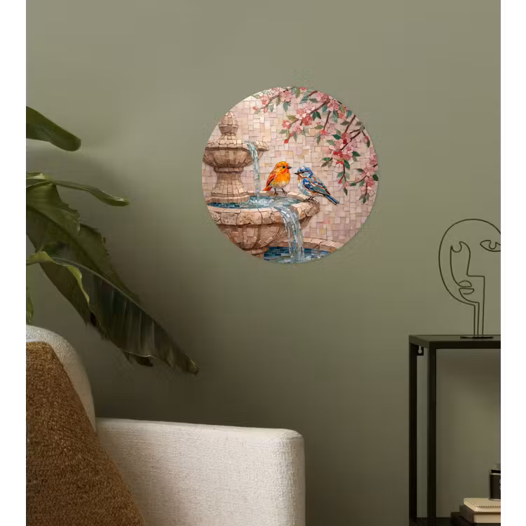 Vogel - fontein - mozaiek - kleurrijk - dieren Wandcirkel behangsticker klein -sfeer2