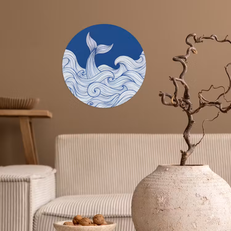 Walvis - Staart - Golven - Lijntekening - Blauw Wandcirkel behangsticker klein -sfeer1