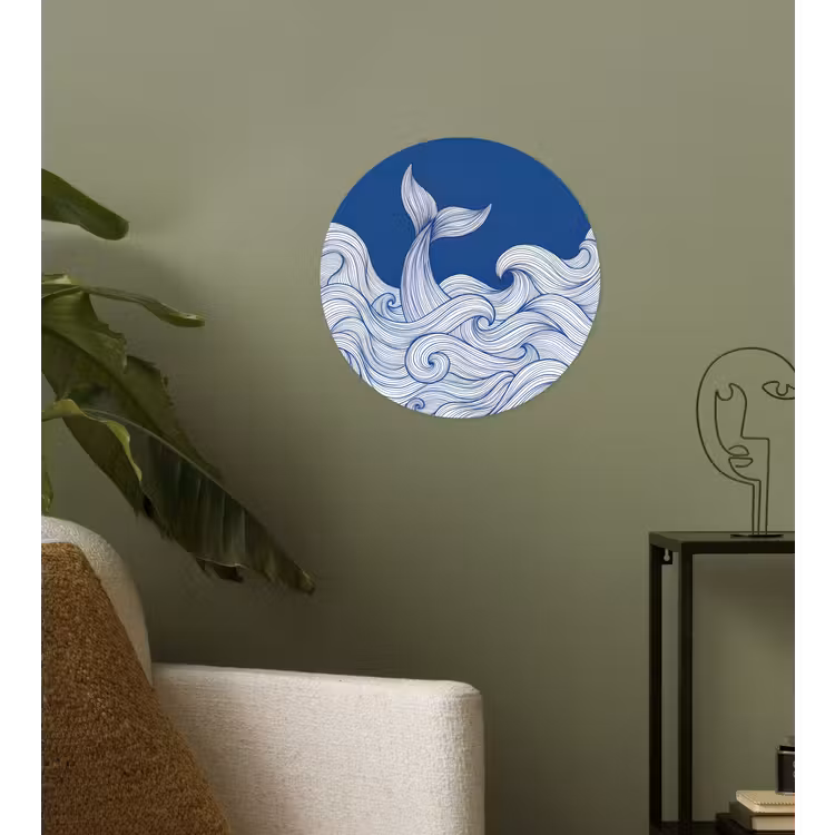 Walvis - Staart - Golven - Lijntekening - Blauw Wandcirkel behangsticker klein -sfeer2