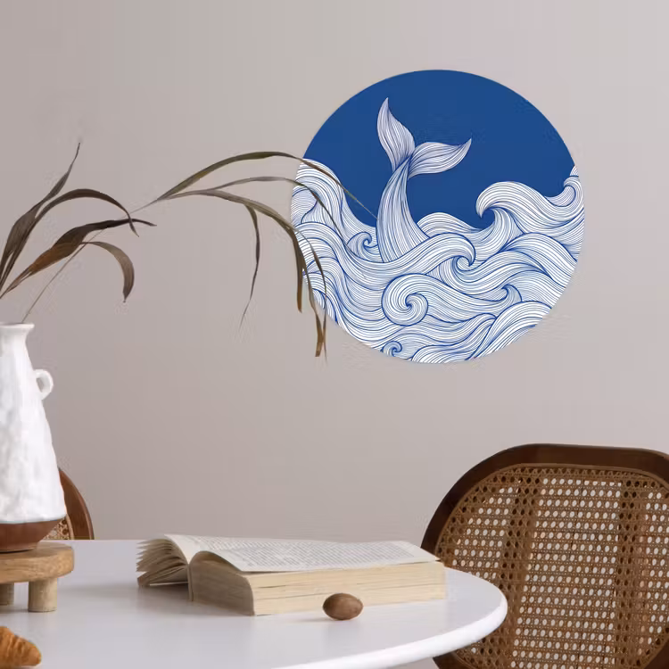 Walvis - Staart - Golven - Lijntekening - Blauw Wandcirkel behangsticker klein -sfeer3