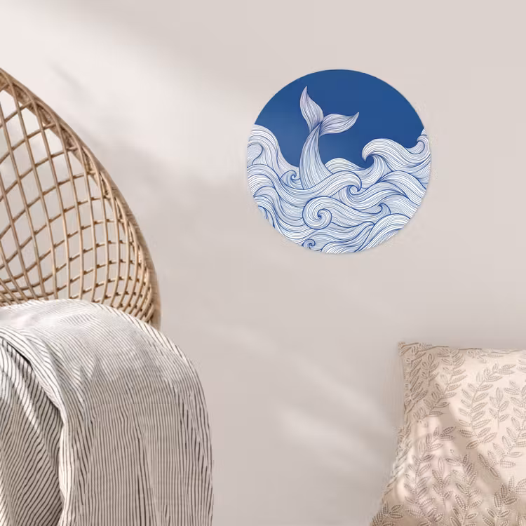 Walvis - Staart - Golven - Lijntekening - Blauw Wandcirkel behangsticker klein -sfeer4