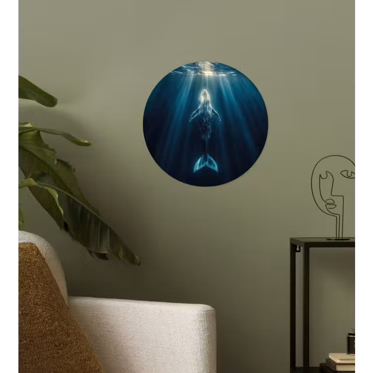 Walvis - Water - Zonnestralen - Blauw Wandcirkel behangsticker klein -sfeer2