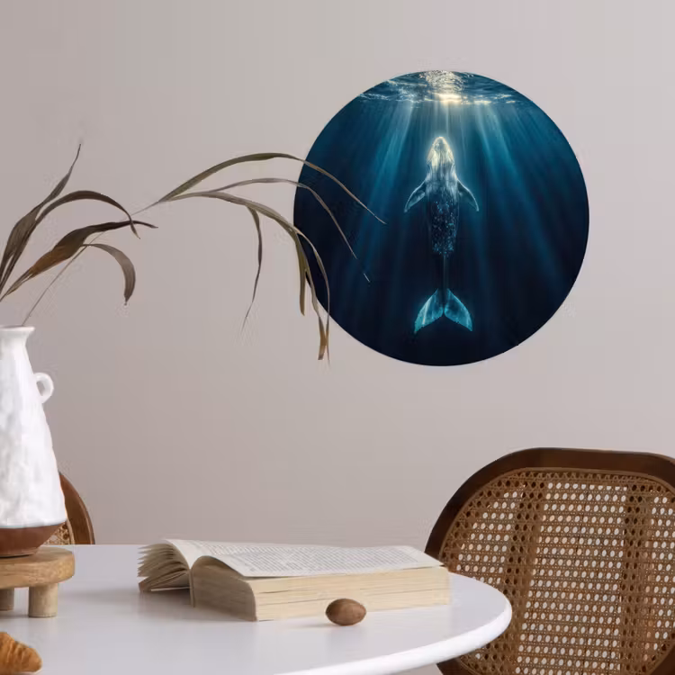 Walvis - Water - Zonnestralen - Blauw Wandcirkel behangsticker klein -sfeer3