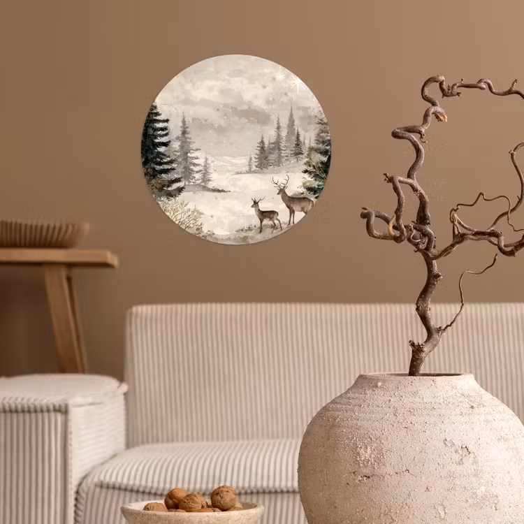 Bos - Herten - Winter - Sneeuw Wandcirkel behangsticker klein -sfeer1