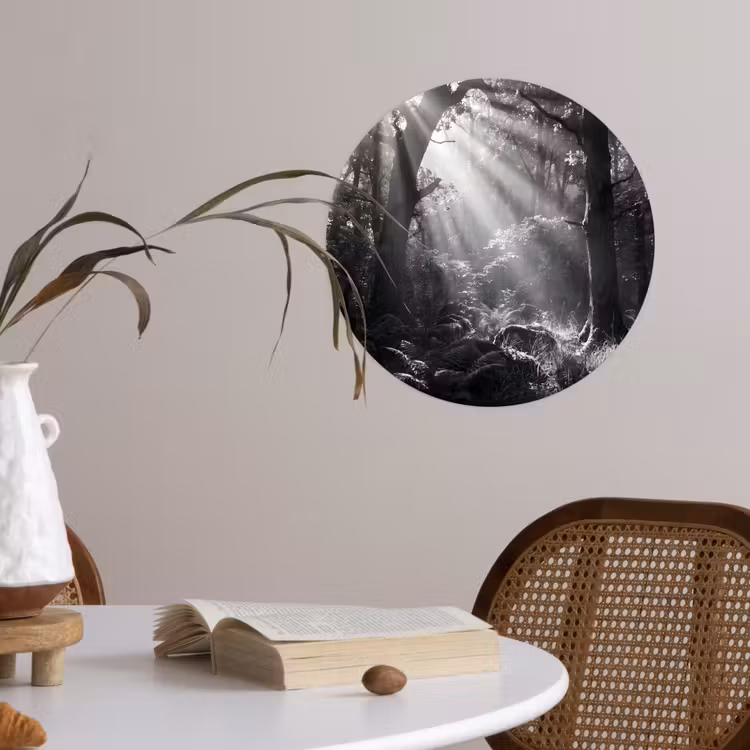 Bos - Lichtstralen - Natuur - Zwart-wit Wandcirkel behangsticker klein -sfeer3