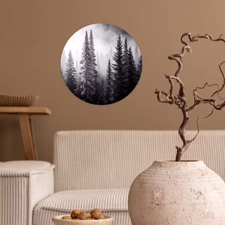 Bos - Mist - Winter - Monochroom - Natuur Wandcirkel behangsticker klein -sfeer1