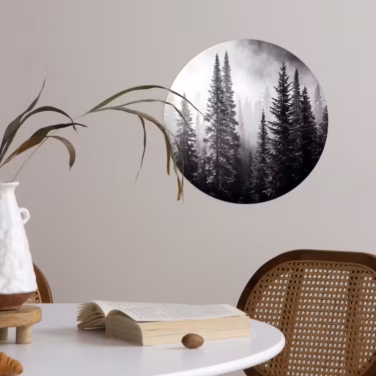 Bos - Mist - Winter - Monochroom - Natuur Wandcirkel behangsticker klein -sfeer3