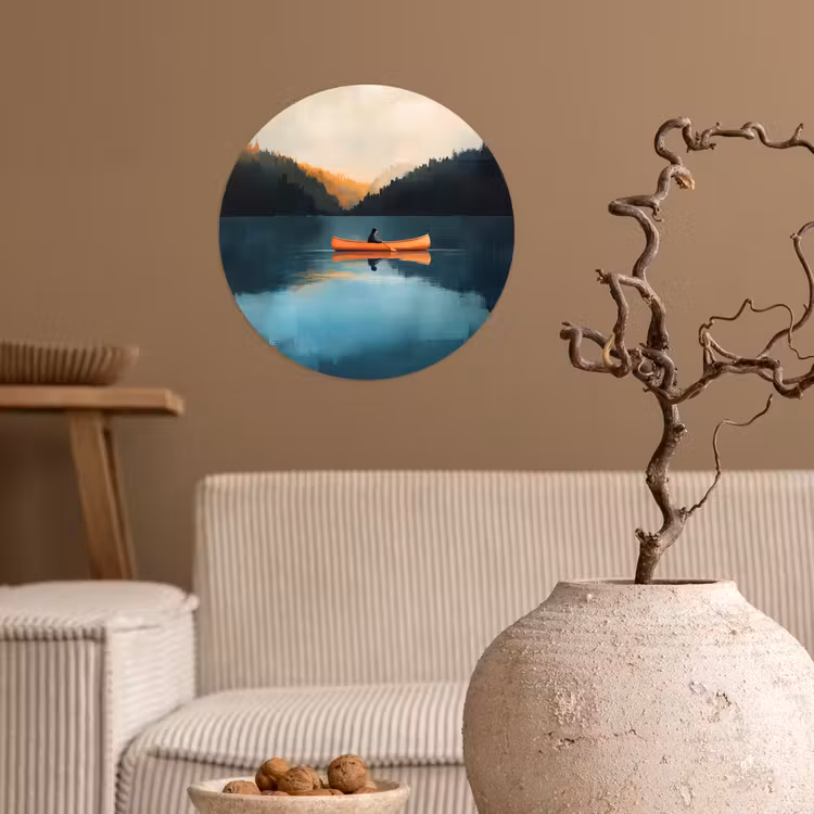 Bossen - Meer - Kano - Oranje Wandcirkel behangsticker klein -sfeer1