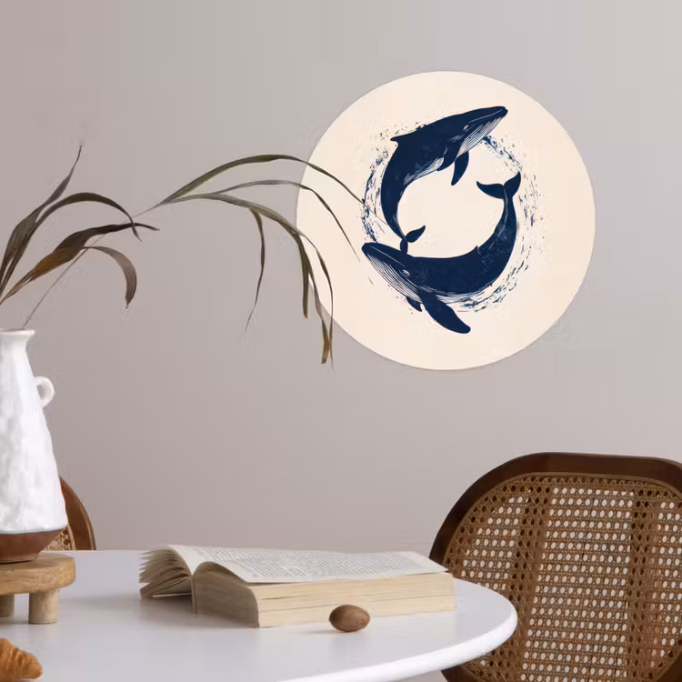 Walvissen - Spetters - Cirkel - Donkerblauw Wandcirkel behangsticker klein -sfeer3