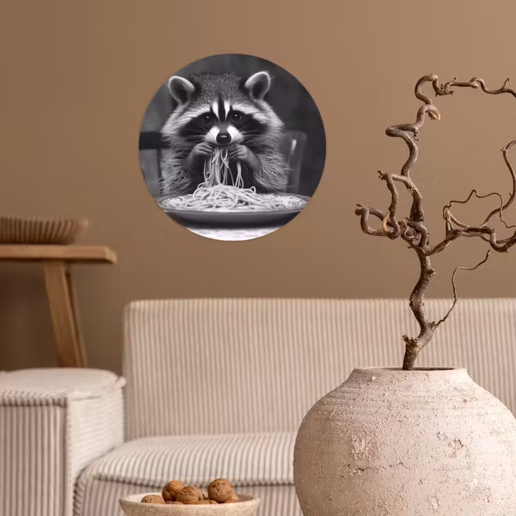 Wasbeer - Cute - Pasta - Tafelkleed - Zwart - Wit Wandcirkel behangsticker klein -sfeer1