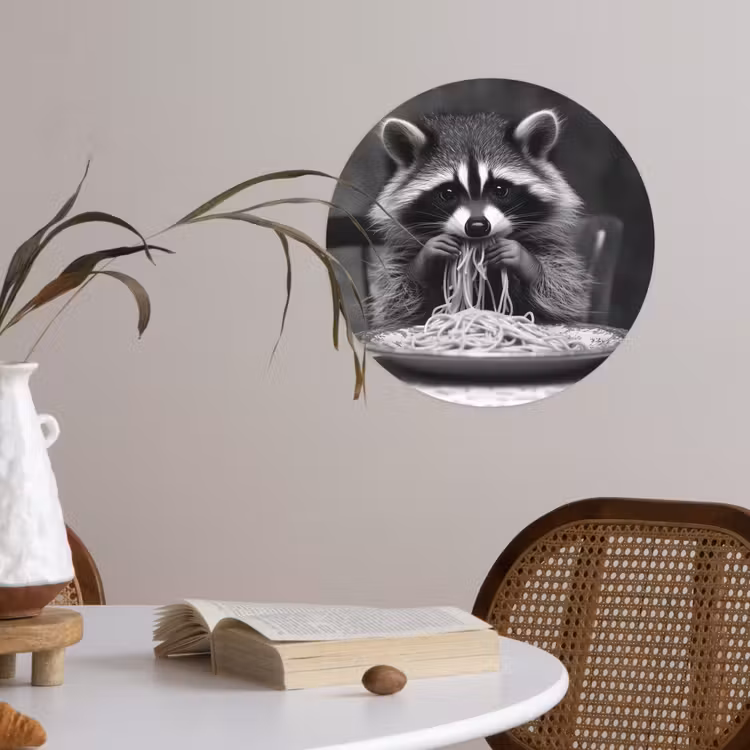 Wasbeer - Cute - Pasta - Tafelkleed - Zwart - Wit Wandcirkel behangsticker klein -sfeer3