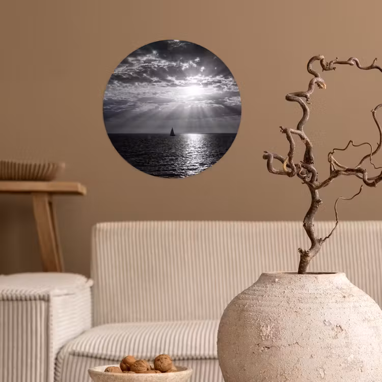 Water - Boot - Lucht - Natuur - Zwart-wit Wandcirkel behangsticker klein -sfeer1