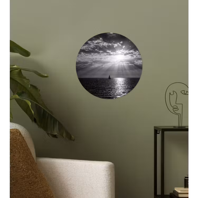 Water - Boot - Lucht - Natuur - Zwart-wit Wandcirkel behangsticker klein -sfeer2