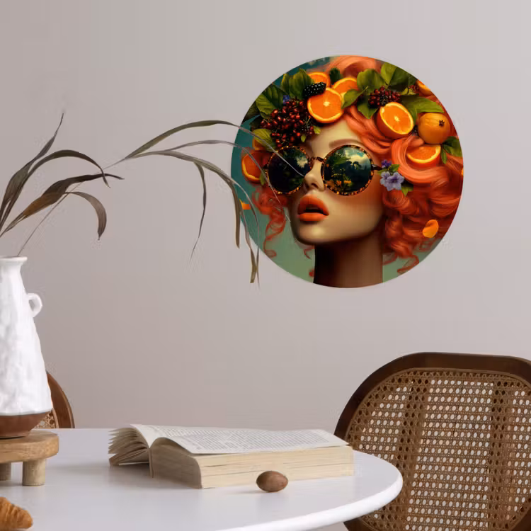 Vrouw - Sinaasappel - Bessen - Oranje Wandcirkel behangsticker klein -sfeer3