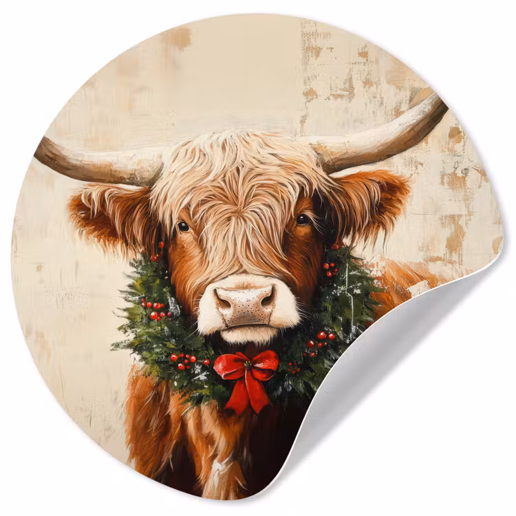 Kerst - Schotse Hooglander - Bruin - Krans Wandcirkel behangsticker klein -3d
