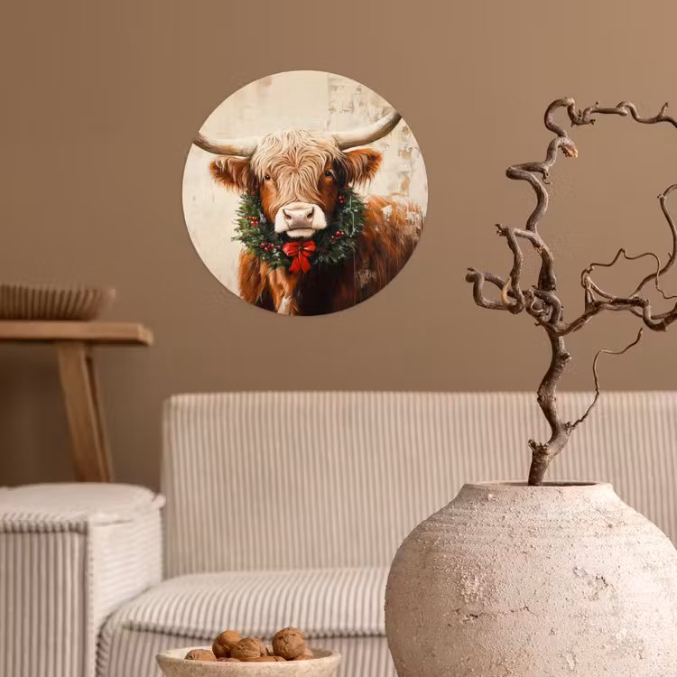 Kerst - Schotse Hooglander - Bruin - Krans Wandcirkel behangsticker klein -sfeer1