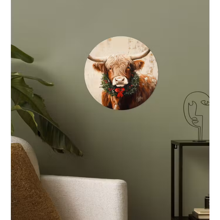 Kerst - Schotse Hooglander - Bruin - Krans Wandcirkel behangsticker klein -sfeer2
