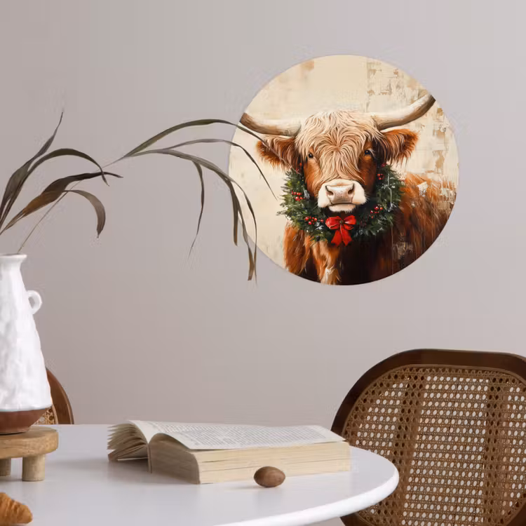 Kerst - Schotse Hooglander - Bruin - Krans Wandcirkel behangsticker klein -sfeer3