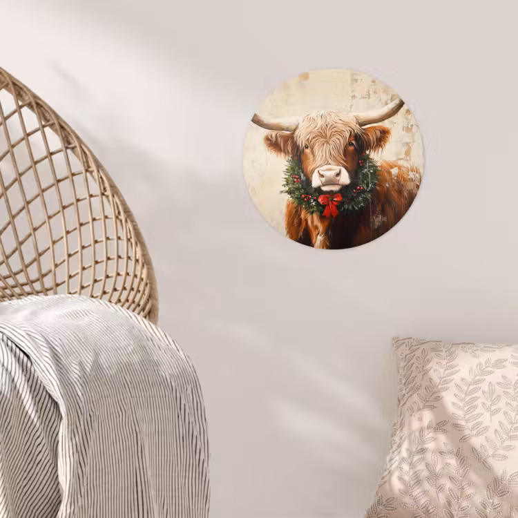 Kerst - Schotse Hooglander - Bruin - Krans Wandcirkel behangsticker klein -sfeer4