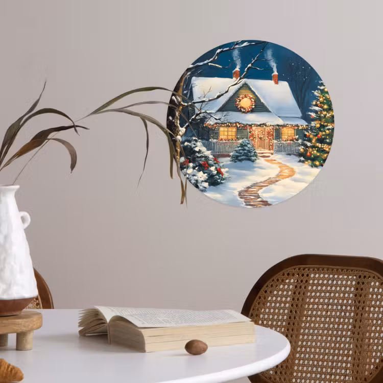 Kerst - Kerstboom - Winter - Huis - Sneeuw Wandcirkel behangsticker klein -sfeer3