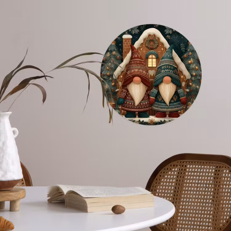Kerst - Gnomen - Peperkoekhuisje - Rood - Groen Wandcirkel behangsticker klein -sfeer3