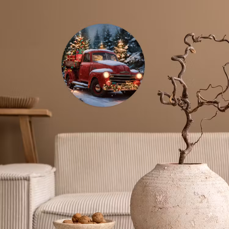 Kersttruck - Sneeuwbos - Rood Wandcirkel behangsticker klein -sfeer1