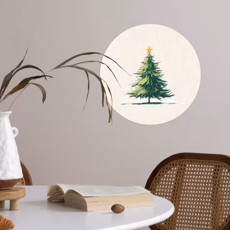 Kerstboom - Illustratie - Ster - Sneeuw Wandcirkel behangsticker klein -sfeer3