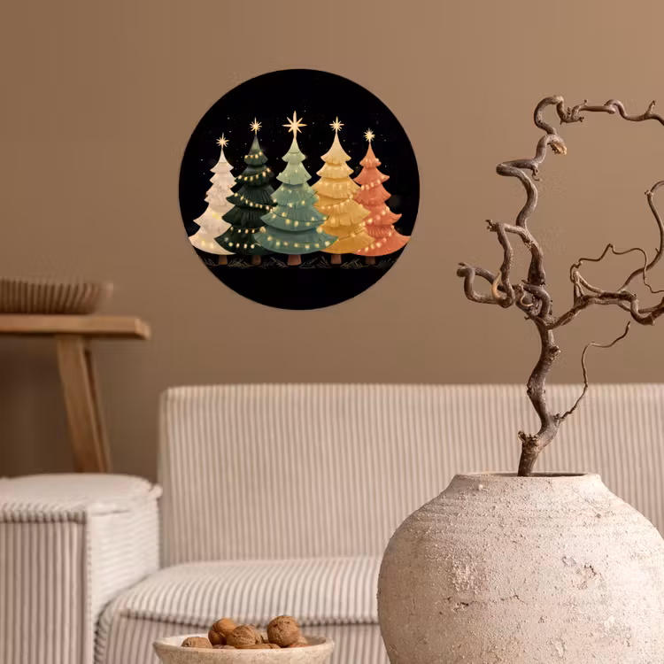 Kerstbomen - Kleurrijk - Lichtjes - Ster Wandcirkel behangsticker klein -sfeer1