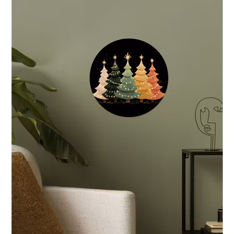 Kerstbomen - Kleurrijk - Lichtjes - Ster Wandcirkel behangsticker klein -sfeer2