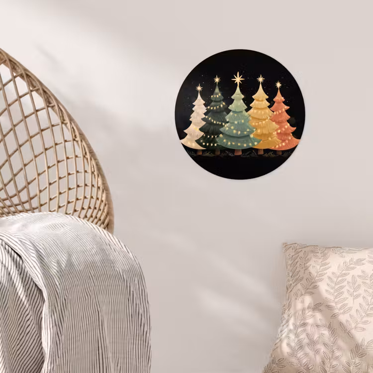 Kerstbomen - Kleurrijk - Lichtjes - Ster Wandcirkel behangsticker klein -sfeer4