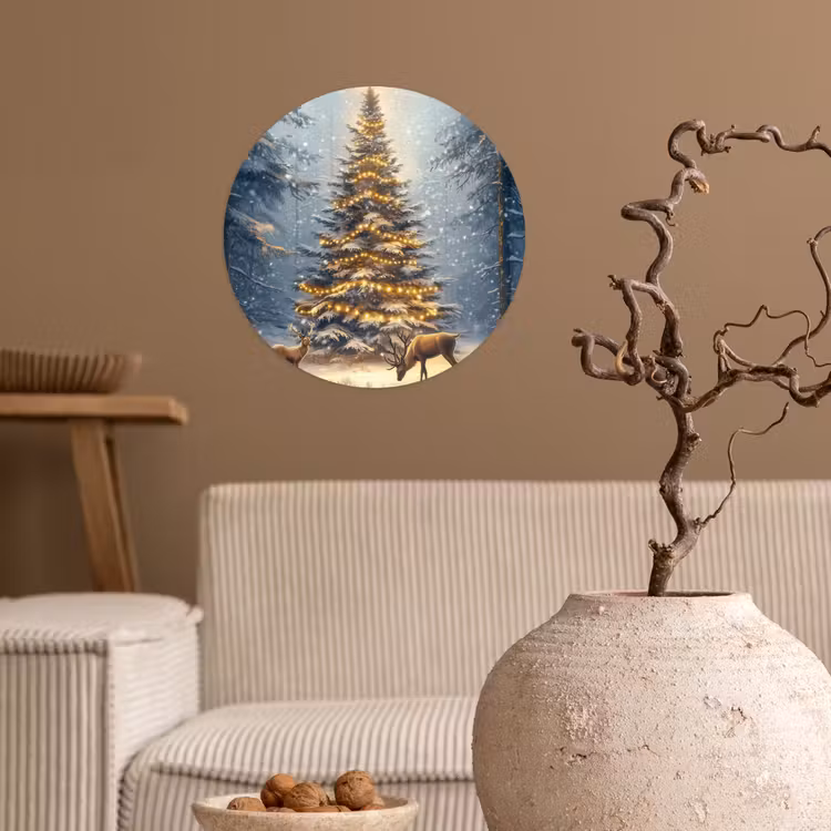 Kerstlicht - Woud - Hert - Donker Wandcirkel behangsticker klein -sfeer1