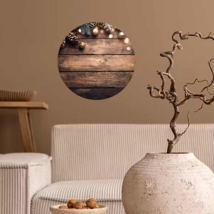 Kerstdecoratie - Houten - Dennenappel - Bruin Wandcirkel behangsticker klein -sfeer1